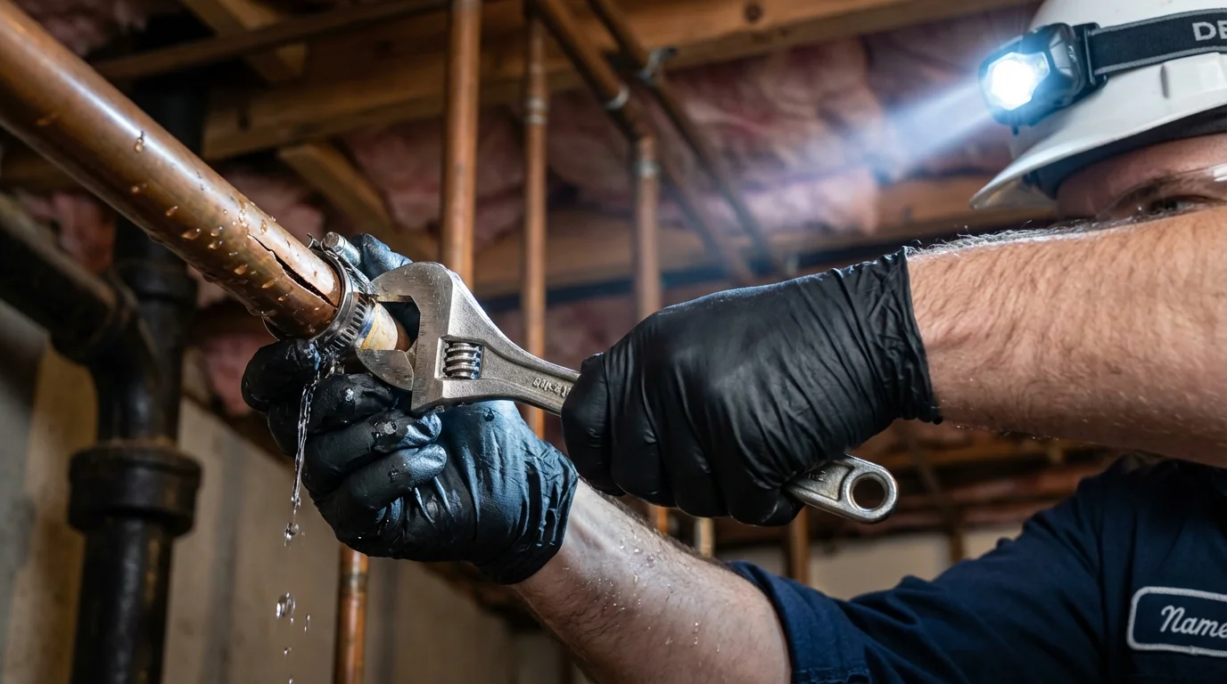 Emergency pipe clamp repair being performed by a Johns Plumbing LLC plumber in Carlsbad