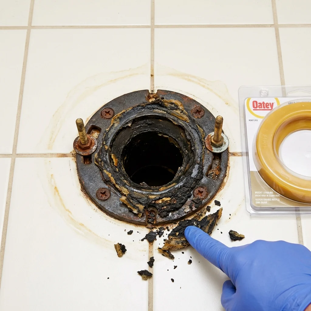 Failed wax ring showing water seepage at the base of a toilet in a Carlsbad, NM home
