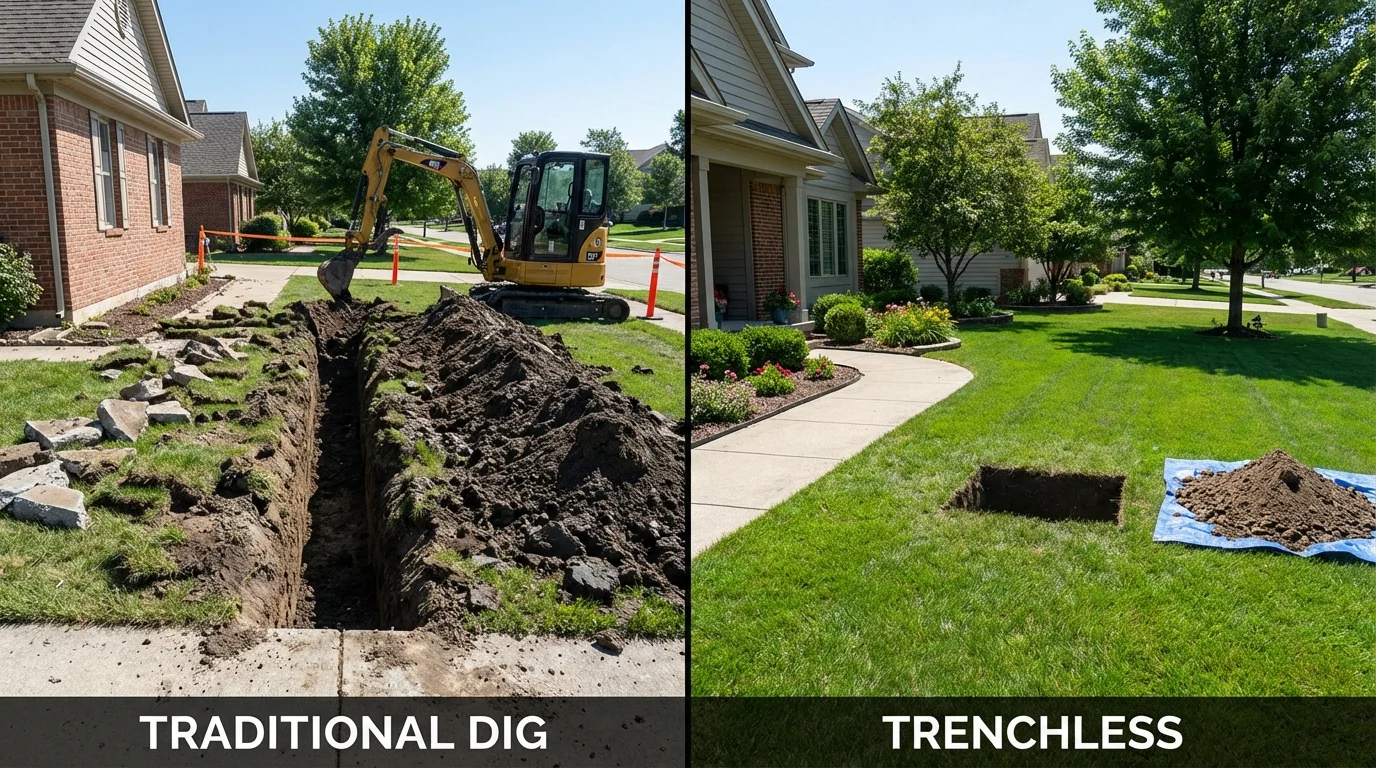 Trenchless sewer repair with minimal yard damage versus traditional excavation in Carlsbad, NM