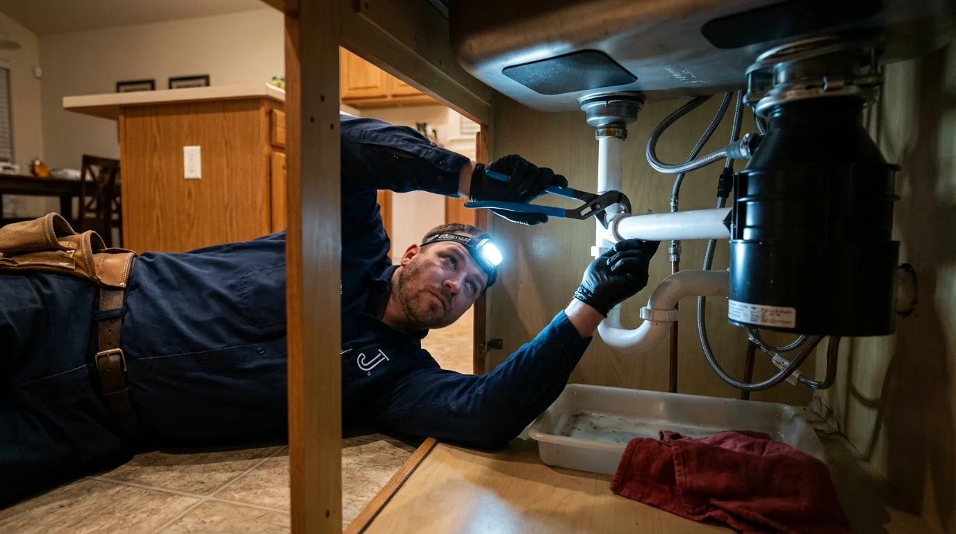 P-trap and supply line connections under a kitchen sink showing a common leak point in Carlsbad, NM